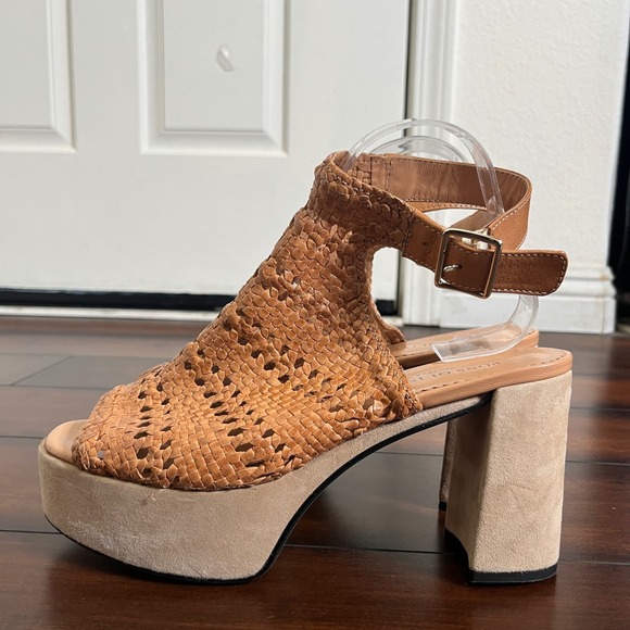 Pons Quintana Women Tan Woven Leather Chunky Platform Block Heel Sandals Size 40 - Picture 3 of 11